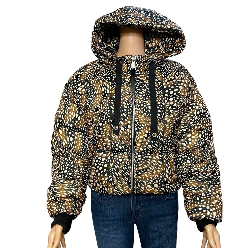 Avec Les Filles Deer Print Puffer Jacket L/XL Hooded Full Zip Cropped Casual
